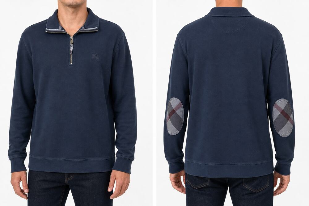 Burberry Brit Men's Navy Cotton Half-Zip Elbow Patch Sweater L Preppy Regency